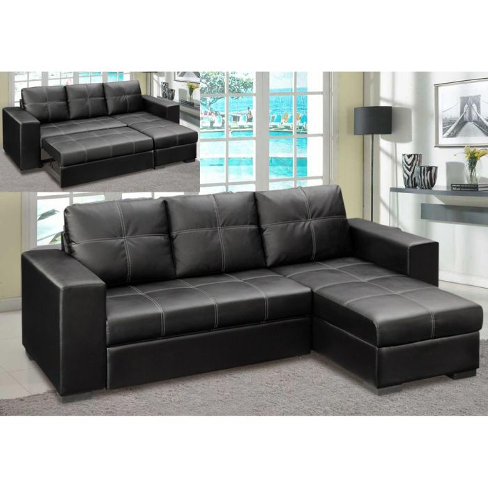 Modern Innovation Chester Black PU Chaise Sofa Bed with Hidden Storage