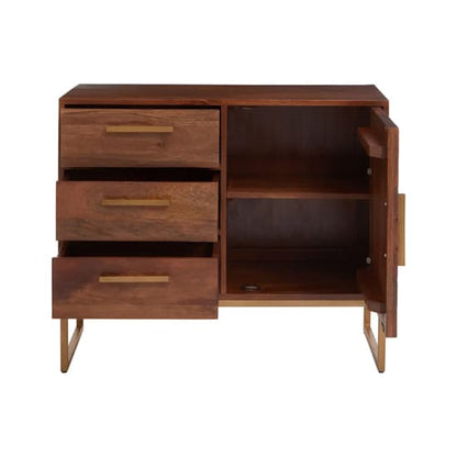 FURCO Brown Mango Wood Sideboard with Door and 3 Drawers for Dining and Living Rooms