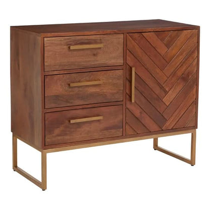 FURCO Brown Mango Wood Sideboard with Door and 3 Drawers for Dining and Living Rooms