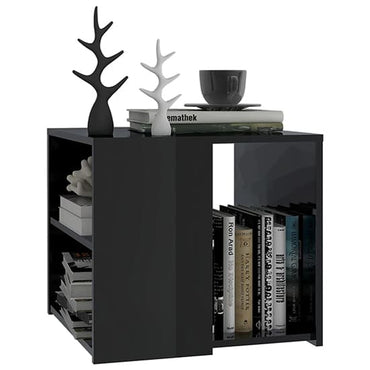 FURCO Black High Gloss Side Table with 3 Shelves for Modern Living Room and Bedroom