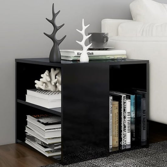 FURCO Black High Gloss Side Table with 3 Shelves for Modern Living Room and Bedroom