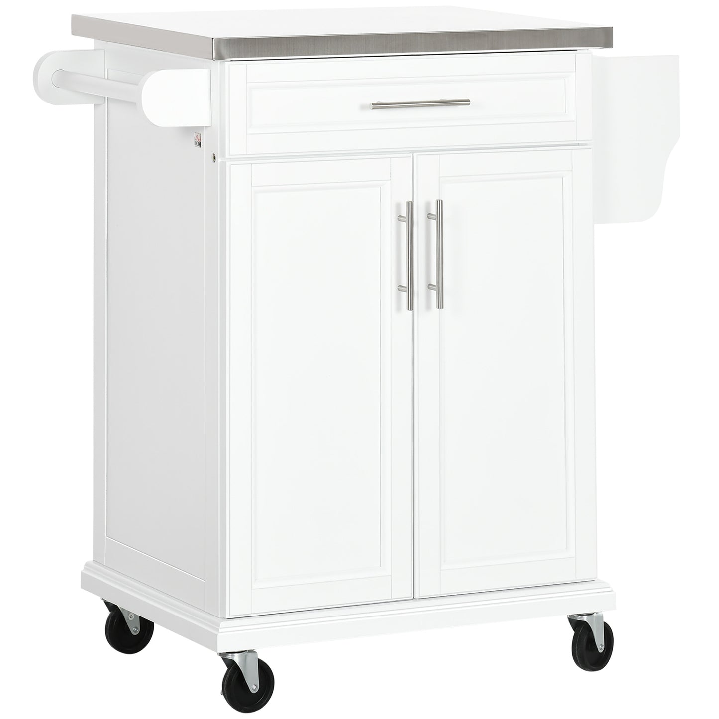 HOMCOM ooden Kitchen Island on Wheels, Serving Cart Storage Trolley with Stainless Steel Top, Drawer, Side Handle and Rack, White