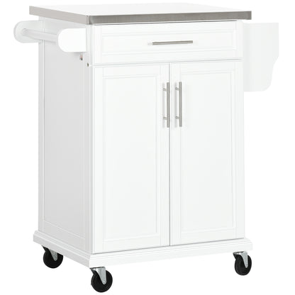 HOMCOM ooden Kitchen Island on Wheels, Serving Cart Storage Trolley with Stainless Steel Top, Drawer, Side Handle and Rack, White