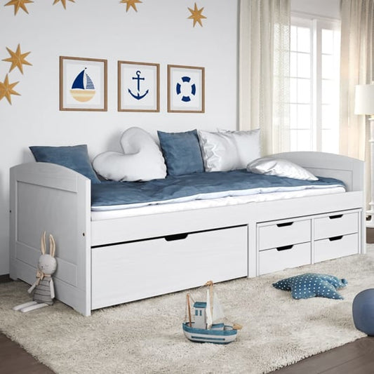 White Pinewood Day Bed with 5 Storage Drawers - Versatile Sofa and Bed Solution