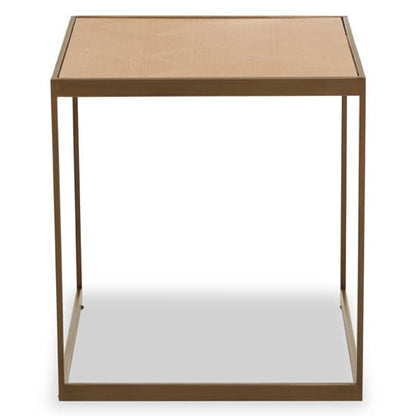 FURCO Large Wooden End Table with Brass Metal Base in Oak Finish