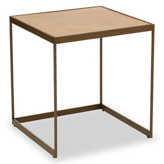 FURCO Large Wooden End Table with Brass Metal Base in Oak Finish