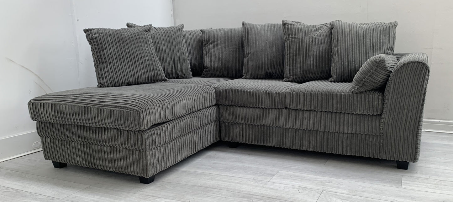 Grey Jumbo Cord Dylan Corner Sofa with Hardwood Frame - Durable and Heavy Construction