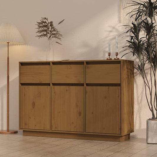 Griet Pine Wood Sideboard With 3 Doors 3 Drawers In Honey Brown