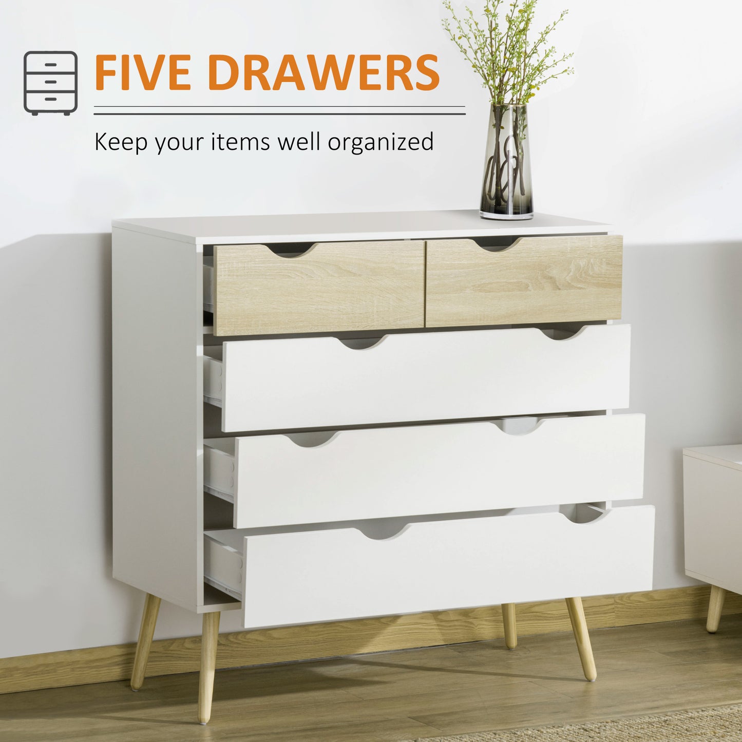 HOMCOM ordic Style Chest of Drawers, 5 Drawer Dresser with 4 Tapered Legs and Groove Handles, Storage Organizer Side Cabinet for Bedroom, Living Room