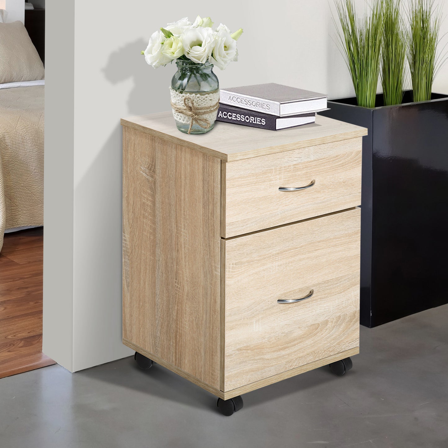 HOMCOM wo Drawer Filing Cabinet with Wheels- Oak