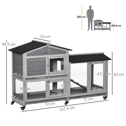 PawHut Wooden Rabbit Hutch, Guinea Pig Cage, with Wheels, Run, Slide-Out Tray, Ramp