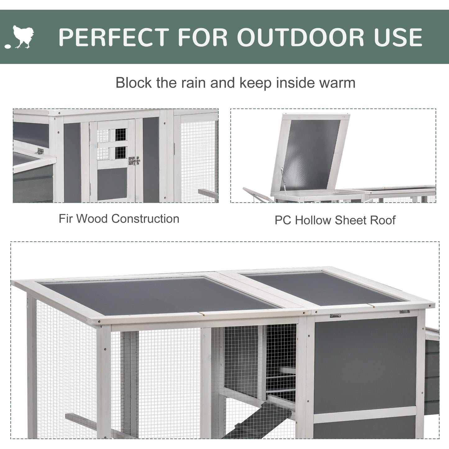 PawHut Deluxe Chicken Coop, Hen House, Wooden Poultry Cage w/ Outdoor Run, Nesting Box, Removable Tray, Openable Hollow Sheet Roof and Lockable Doors, 162 x 76.5 x 79.5cm