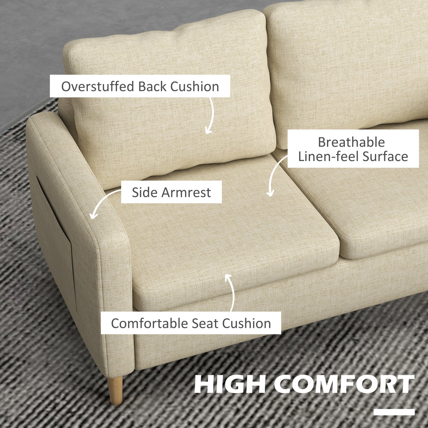 HOMCOM 2 Seater Sofa for Living Room, Modern Fabric Couch with Wood Legs and 2 Pockets for Bedroom and Home Office, Beige