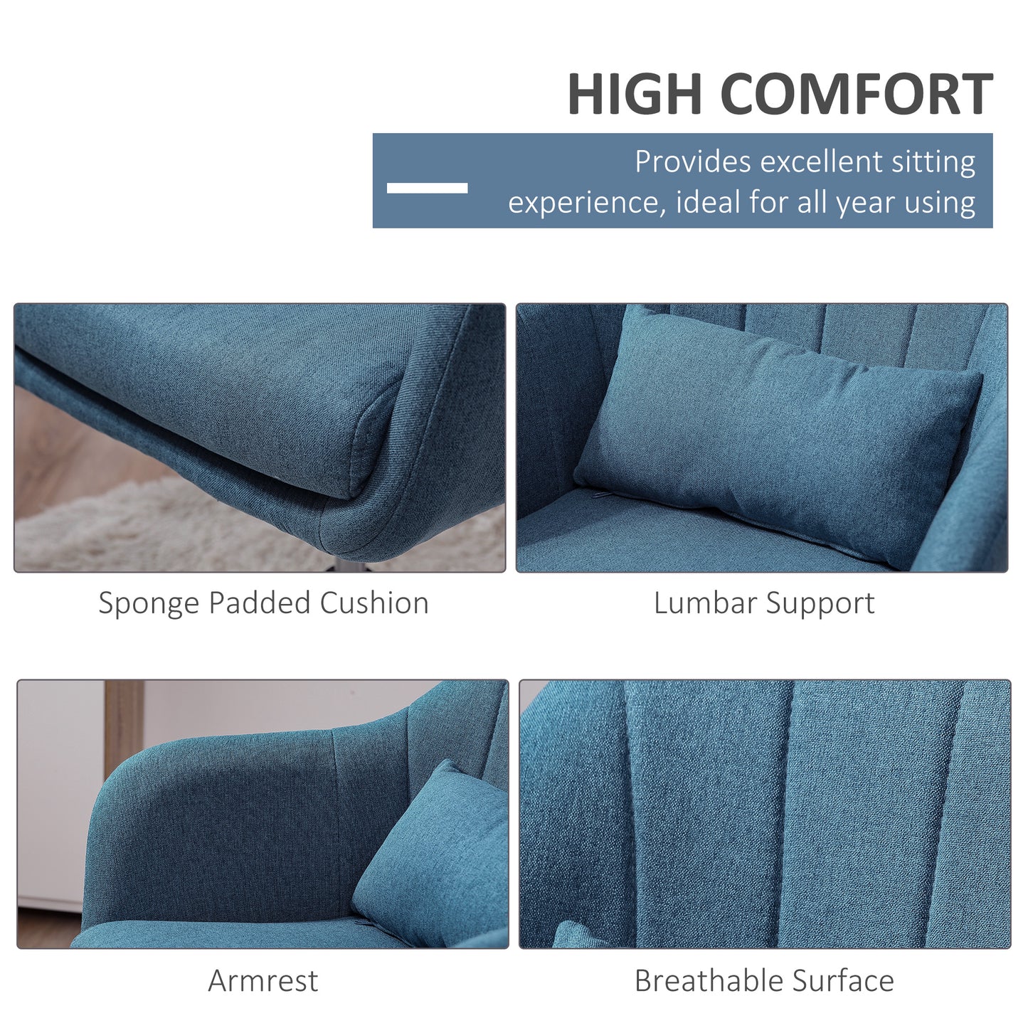 HOMCOM wivel Linen Fabric Accent Chair for Living Room Contemporary Vanity Armchair with Adjustable Height Thick Cushion Lumbar Support Armrest for Bedroom Office Blue