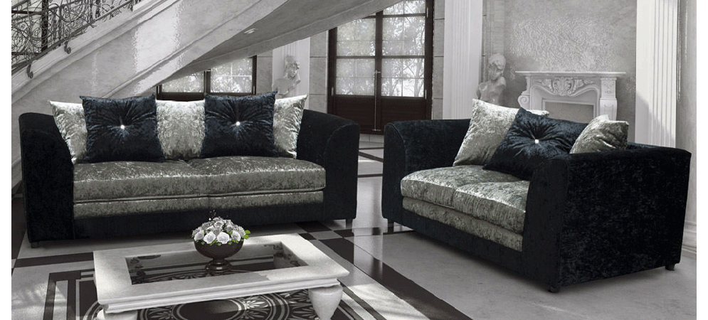 Black and Silver Crushed Velvet Halo 3+2 Seater Sofa Set with Hardwood Frame and Scatter Back