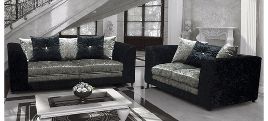 Halo 3+2 Seater Sofa Set Crushed Velvet Black And Silver Scatter Back