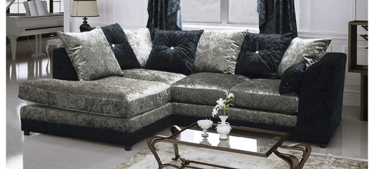 Halo Fabric Corner Sofa LHF Crushed Velvet Black And Silver Scatter Back