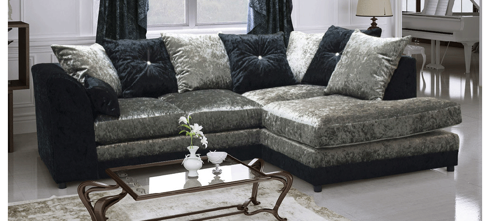 Halo Fabric Corner Sofa RHF Crushed Velvet Black And Silver Scatter Back