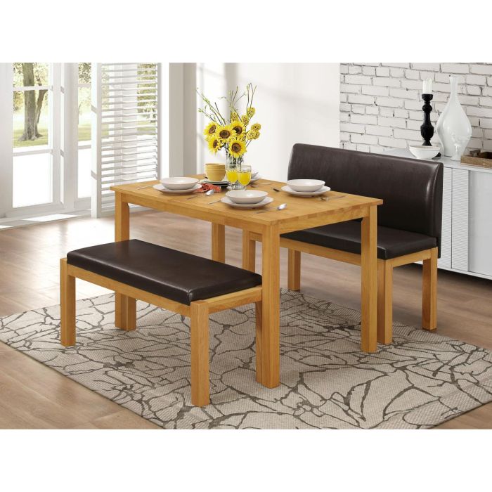 Hove Solid Rubberwood Dining Table with 2 Leather Effect Benches in Natural Oak