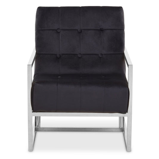 FURCO Black Velvet Armchair with Silver Stainless Steel Frame and Button Tufting