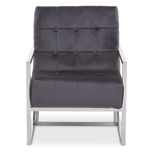 Grey Velvet Armchair with Silver Stainless Steel Frame and Button Tufting