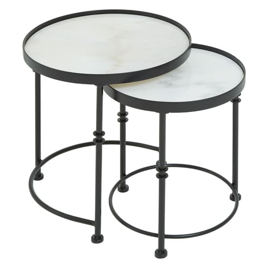 Industrial Marble Nesting Side Tables Set of 2 with Black Iron Frame