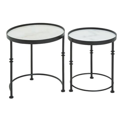 Industrial Marble Nesting Side Tables Set of 2 with Black Iron Frame