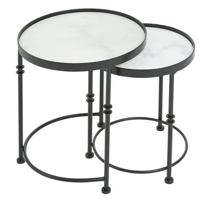 Industrial Marble Nesting Side Tables Set of 2 with Black Iron Frame