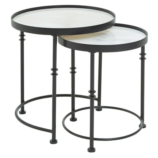 Industrial Marble Nesting Side Tables Set of 2 with Black Iron Frame