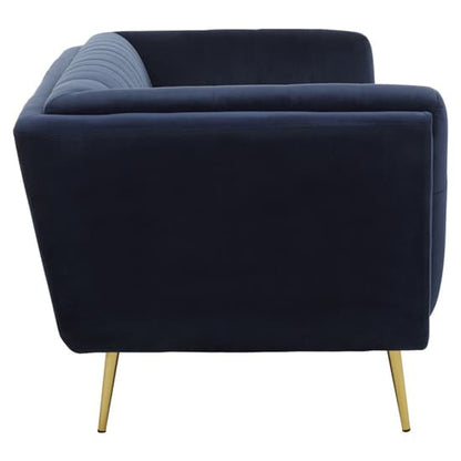 FURCO Blue Velvet Chesterfield 3 Seater Sofa with Flared Armrests and Gold Legs