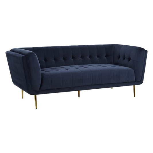 FURCO Blue Velvet Chesterfield 3 Seater Sofa with Flared Armrests and Gold Legs