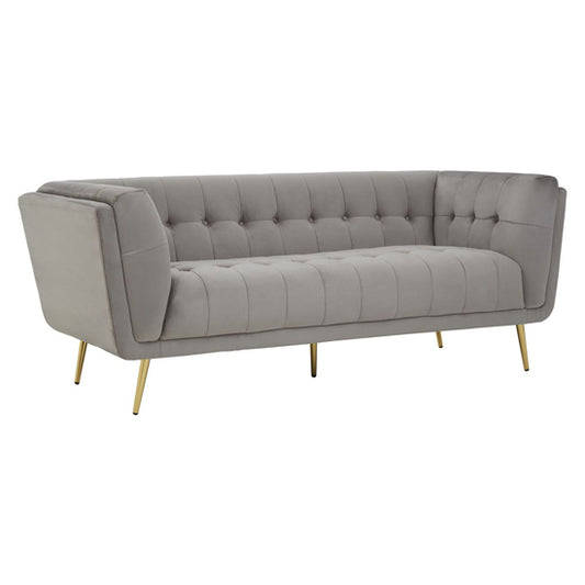 FURCO Grey Velvet Chesterfield 3-Seater Sofa with Flared Armrests and Metal Legs