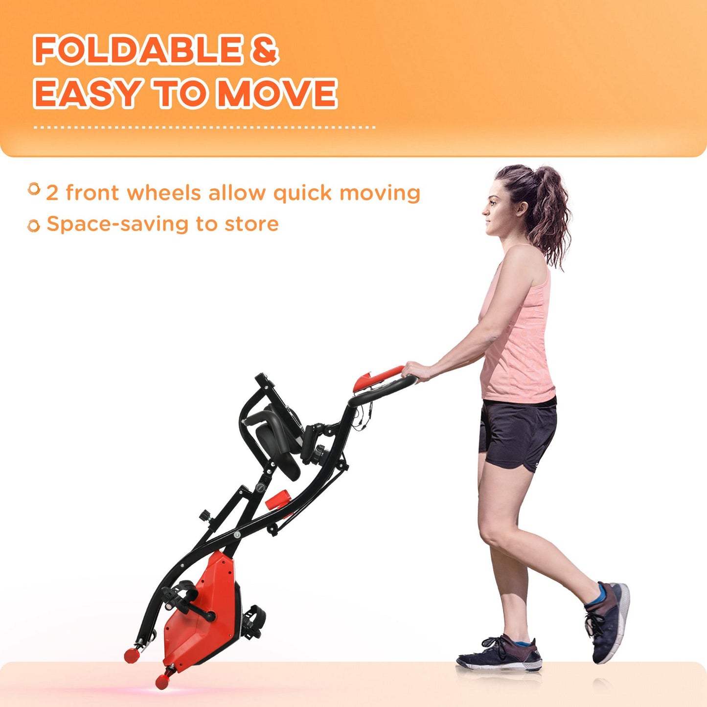 HOMCOM -in-1 Folding Exercise Bike with 8-Level Magnetic Resistance, Arm Resistance Band, Pulse Sensor, Red