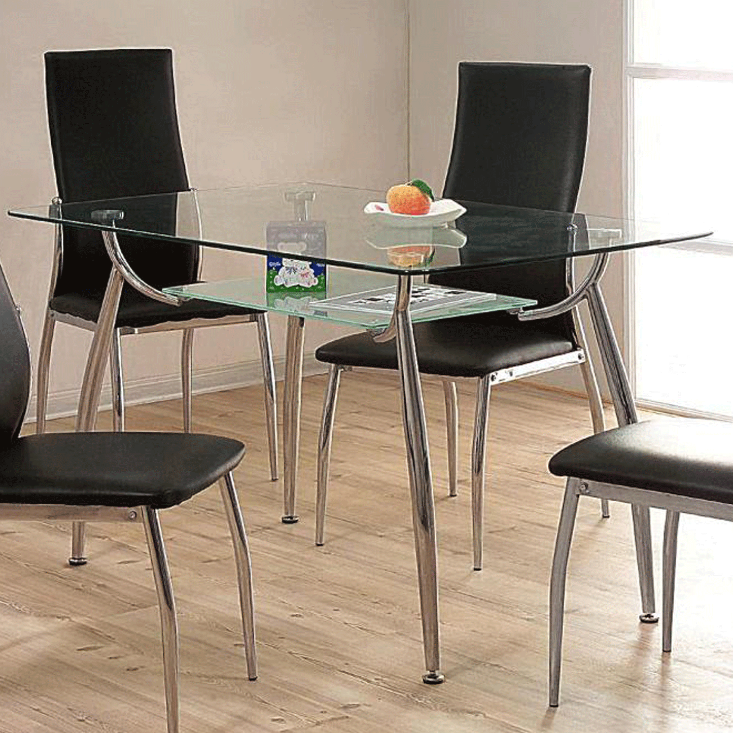 Marlow Glass Top Dining Table with Steel Frame and Wide Glass Shelf - Contemporary Elegance in Clear