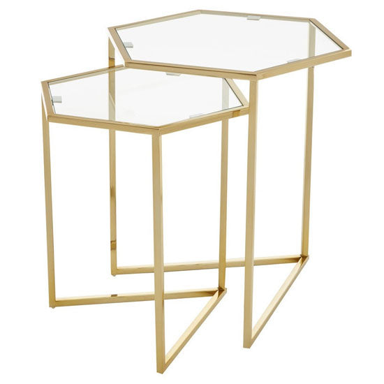 Geometric Stackable Glass Side Tables with Gold Steel Frame - Set of 2