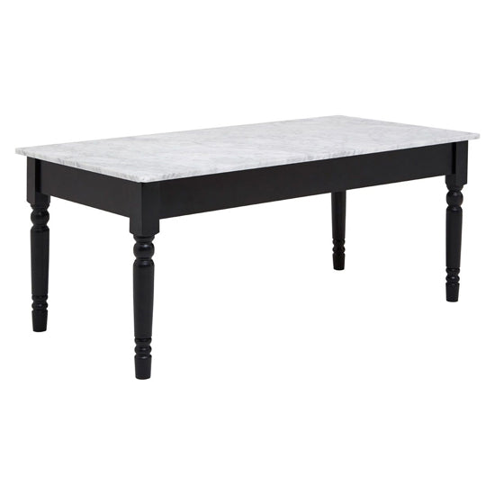 FURCO Henova Black Wooden Frame Coffee Table with White Marble Top