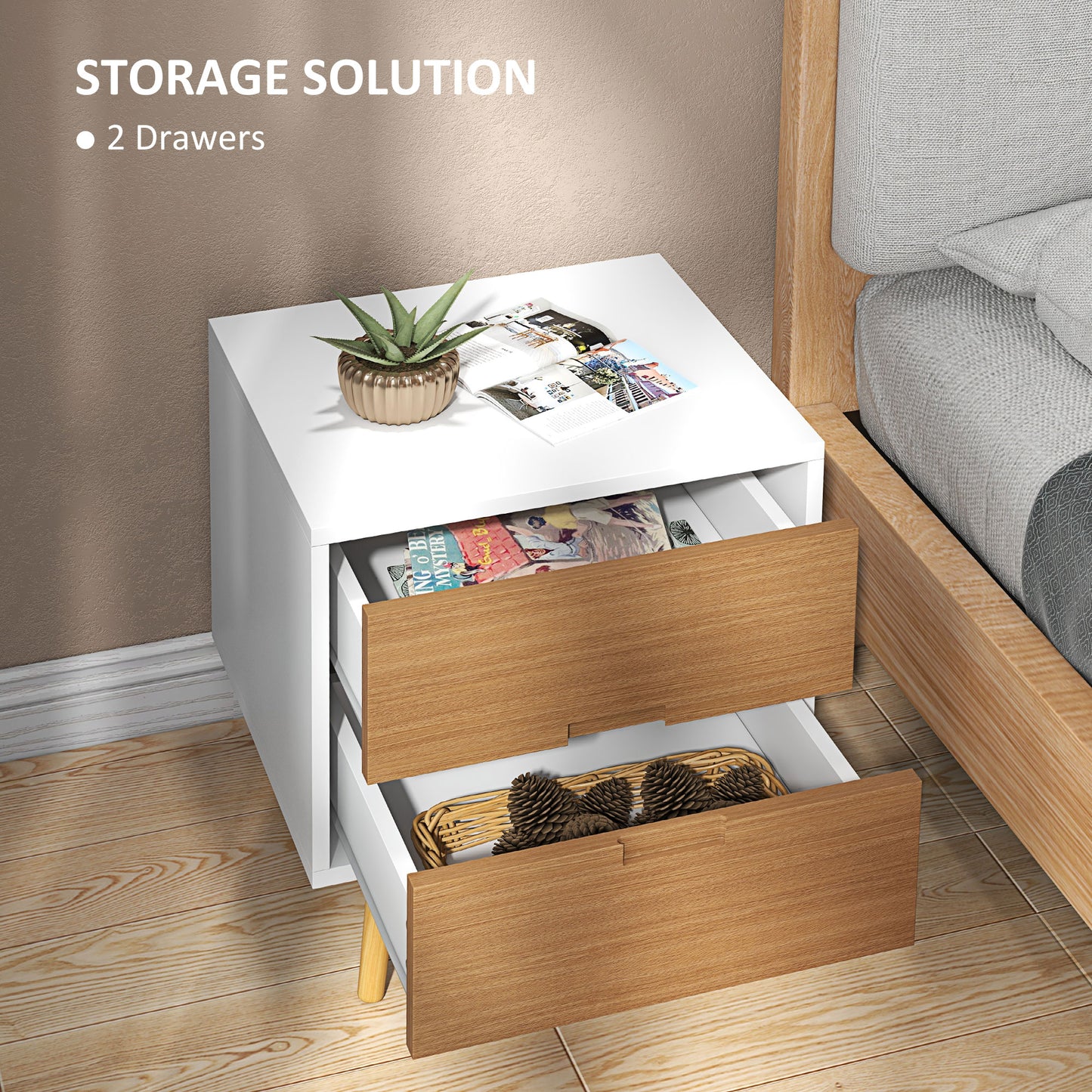 HOMCOM ood Effect Wto-Drawer Bedside Table - Brown/White