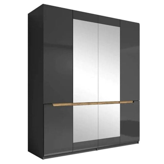 4-Door Grey High Gloss Mirrored Wardrobe by Furco – Modern Storage Solution