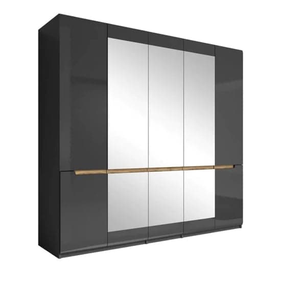 Grey High Gloss 5-Door Mirrored Wardrobe by Furco - Spacious Storage Solution for Bedroom