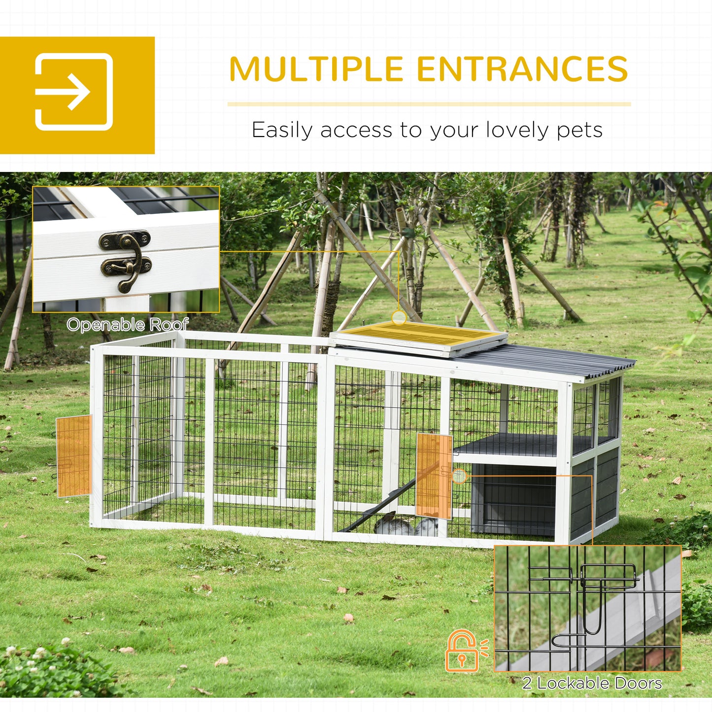 PawHut Rabbit Run Outdoor Rabbit Hutch Wooden Guinea Pig Cage with Openable Roof, Ramp, for 2-4 Rabbits, 200L x 100W x 75H cm - Grey