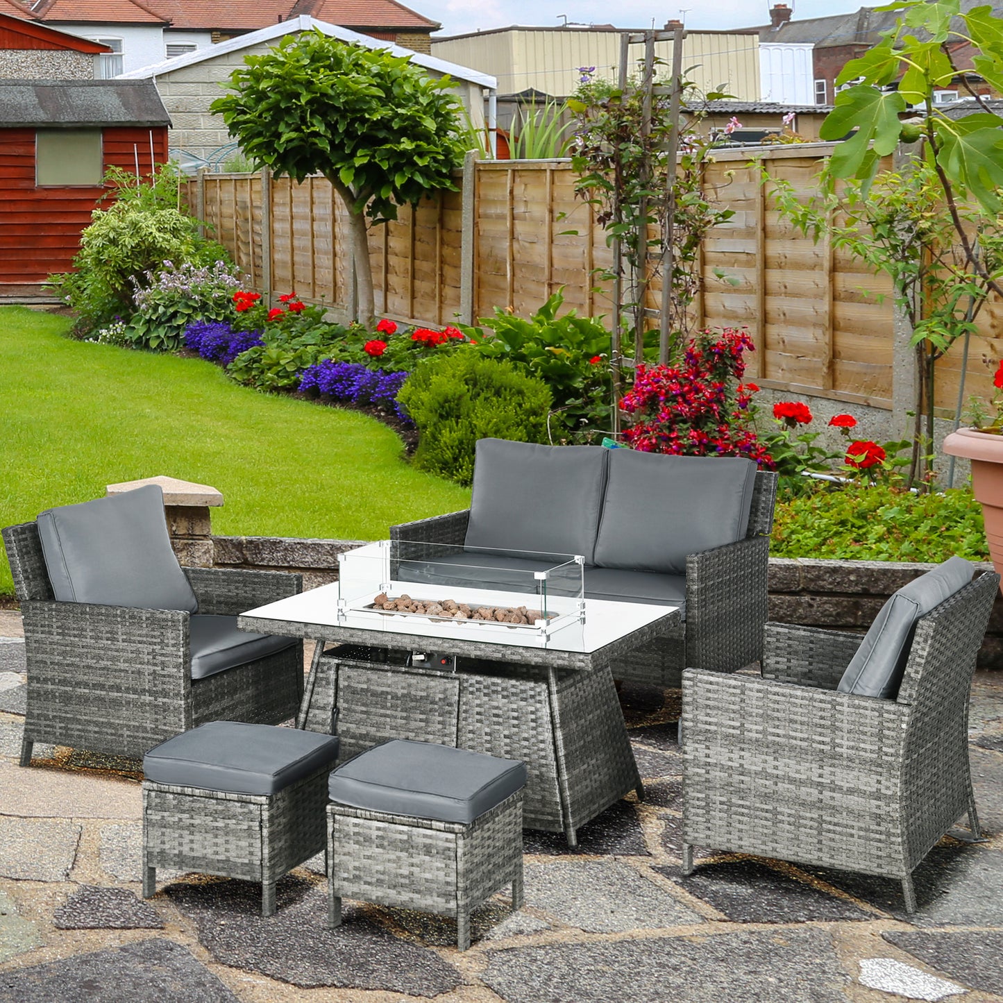 Outsunny 6 Seater Rattan Garden Furniture Set, Gas Fire Pit Table, Wicker Loveseat, 2 Armchairs and 2 Footstools, 6 Piece Patio Rattan furniture Sofa Sets with Cushions for Conservatory, Grey