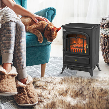 HOMCOM reestanding Electric Fireplace Indoor Heater Glass View Log Wood Burning Effect Flame Portable Fireplace Stove 950/1850W Black