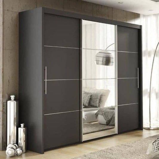 Idaho Mirrored Wardrobe With Sliding 3 Doors In Graphite Grey