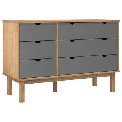 Ieva Solid Pine Wood Wide Chest Of 6 Drawers In Brown And Grey