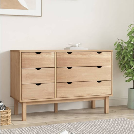 Ieva Solid Pine Wood Wide Chest Of 6 Drawers In Brown