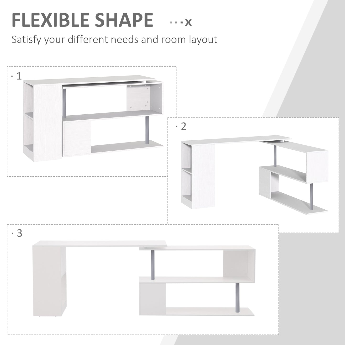 HOMCOM 60 Degree Rotating Corner Desk Storage Shelf Combo Laptop Workstation Wood L Shaped Table Home Office - White