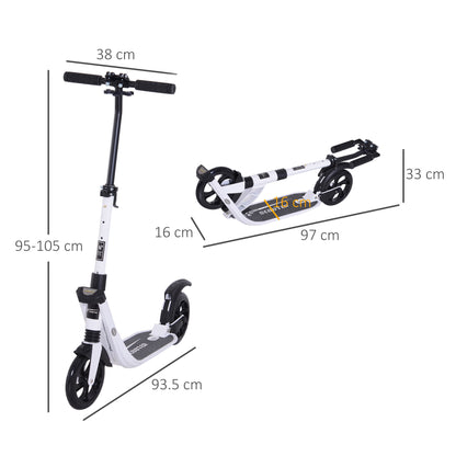 HOMCOM olding Kick Scooter Hight-Adjustable Urban Scooter w/ Rear Brake, Double Shock Absorption System & 2 Big Wheels, For 14+ Teens Adult, White