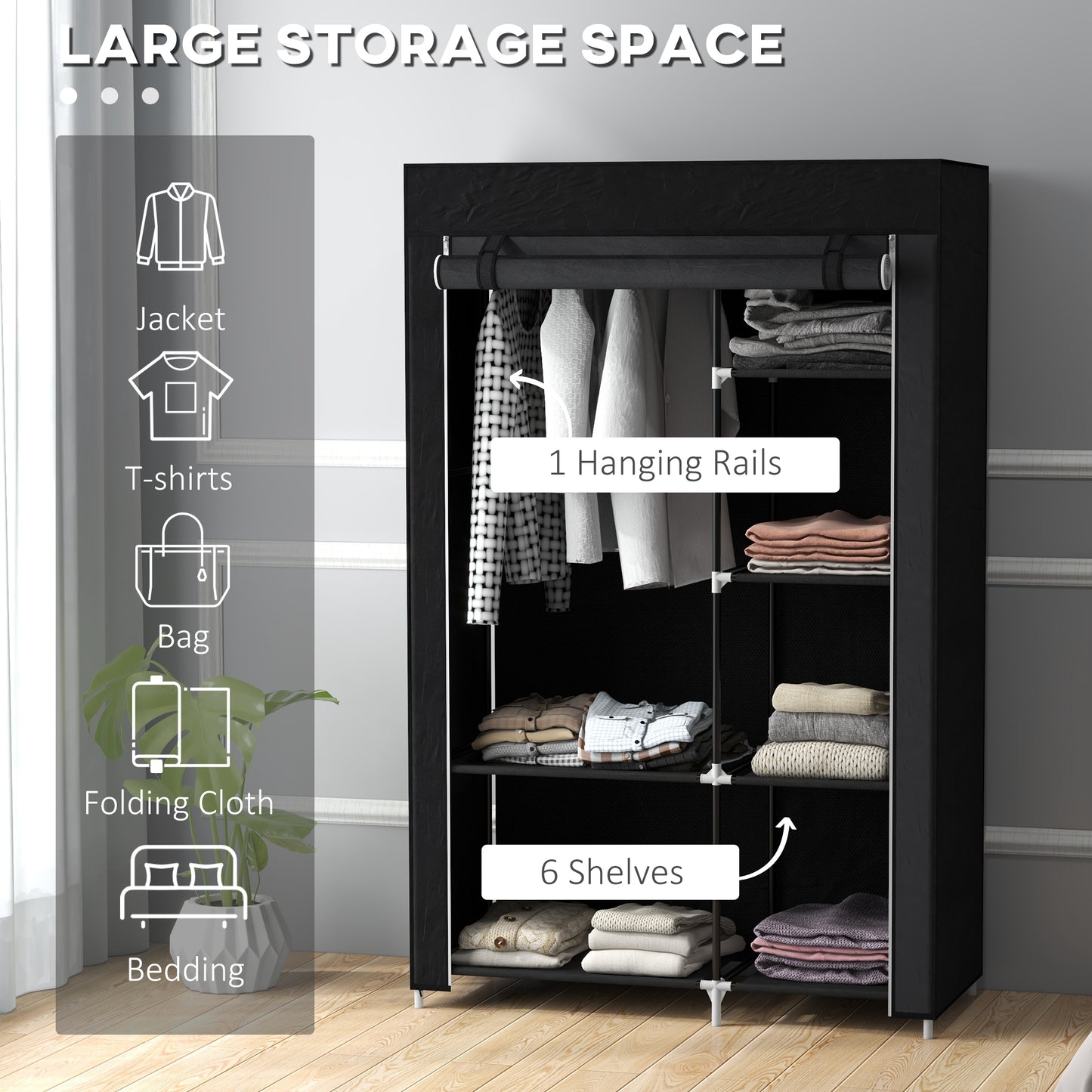 HOMCOM abric Wardrobe, Portable Wardrobe with 6 Shelves, 1 Hanging Rail, Foldable Closets, 103 x 43 x 162.5 cm, Black