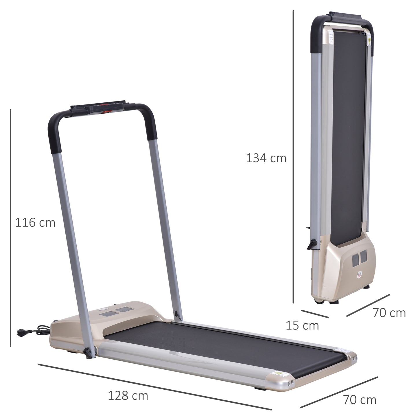 HOMCOM -10kmh Folding Treadmill, Electric Running machine, with Wheels, Safety Button, LCD Monitor, Phone Holder