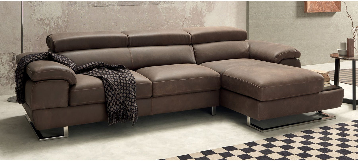 Invictus Brown RHF Leather Corner Sofa With Shelf And Chrome Legs Newtrend Available In A Range Of Leathers And Colours 10 Yr Frame 10 Yr Pocket Sprung 5 Yr Foam Warranty